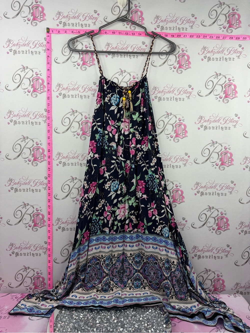 Dress long flowy braided Bohemian Floral Maxi Dress with Border Hem - Navy